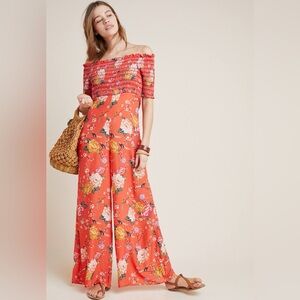 Anthro Farm Rio Paraiso Off the Shoulder Orange floral Jumpsuit- size XL